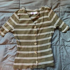 Olive green/white striped top.